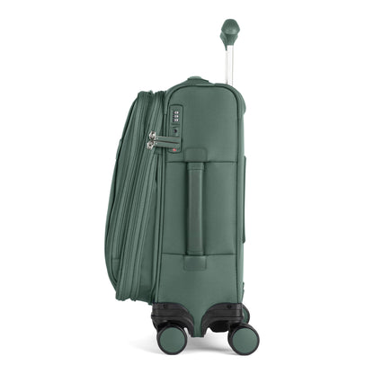 Travelpro VersaPack+ Compact Carry-on Spinner, green, hard-shell, 4 wheels, combo lock, side view.
