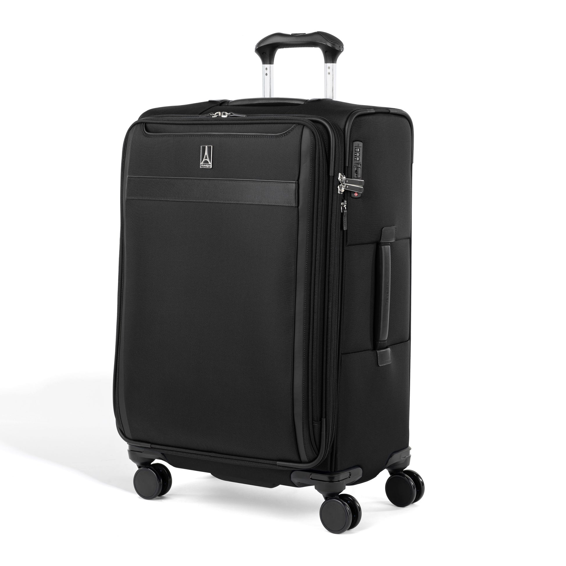 Travelpro VersaPack+ medium check-in spinner, black, with TSA lock, 4 wheels & front zipper pocket.