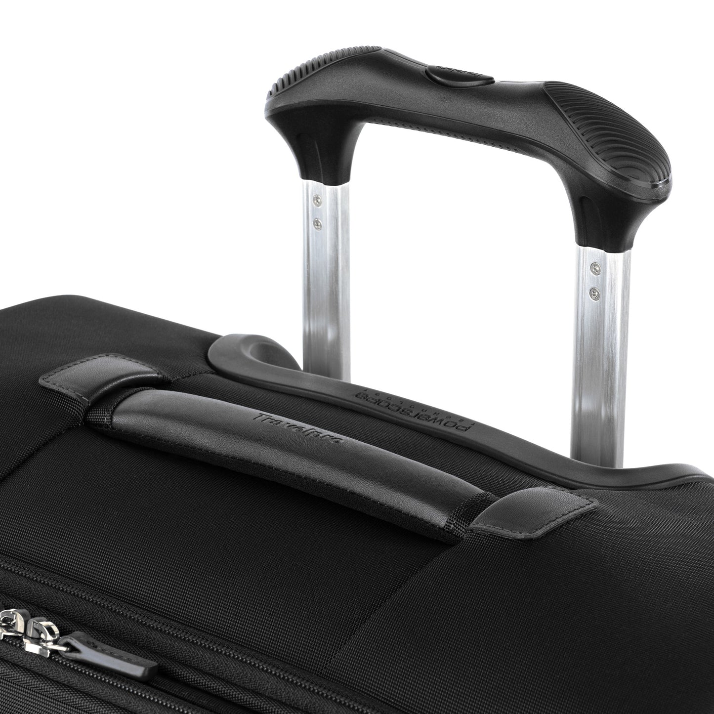 Close-up of the Travelpro® VersaPack®+ Medium Check-in Spinner with retractable handle and TSA lock visible.