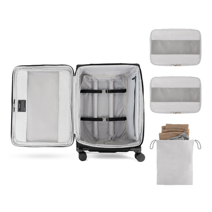 Travelpro VersaPack+ Medium Check-in Spinner: water-resistant lining, 2 packing cubes, drawstring bag.