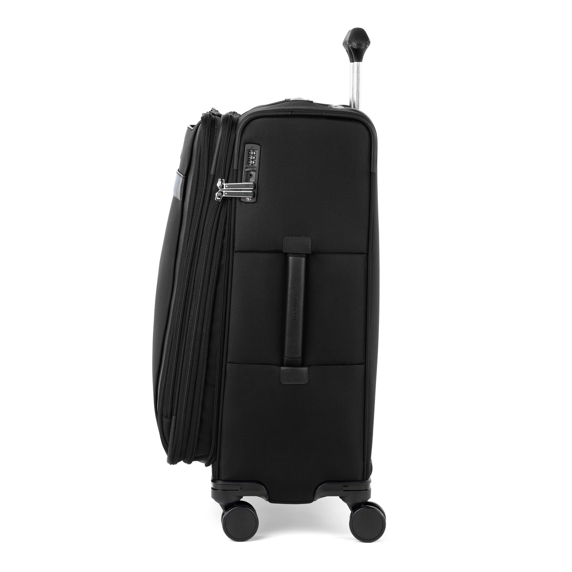Travelpro® VersaPack®+ Medium Check-in Expandable Spinner, side view, with TSA lock and retractable handle.