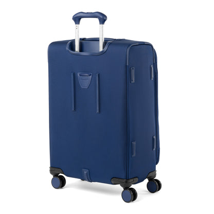 Travelpro® VersaPack®+ navy blue medium expandable spinner with 4 wheels and water-resistant lining.