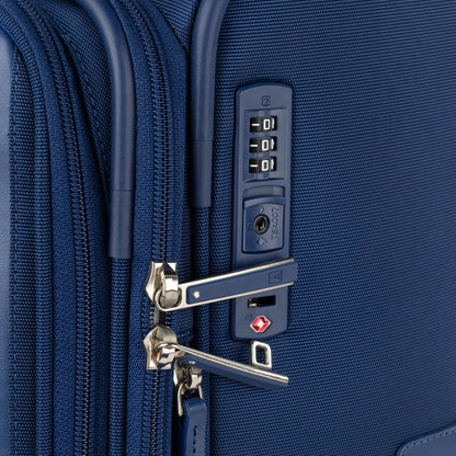 Close-up of the Travelpro® VersaPack®+ Medium Check-in Expandable Spinner with secure zipper pulls & TSA lock.