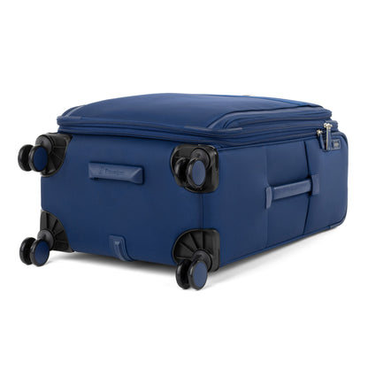 Travelpro VersaPack+ Medium Check-in Spinner, expandable with TSA lock, shown on its back displaying wheels & handle.