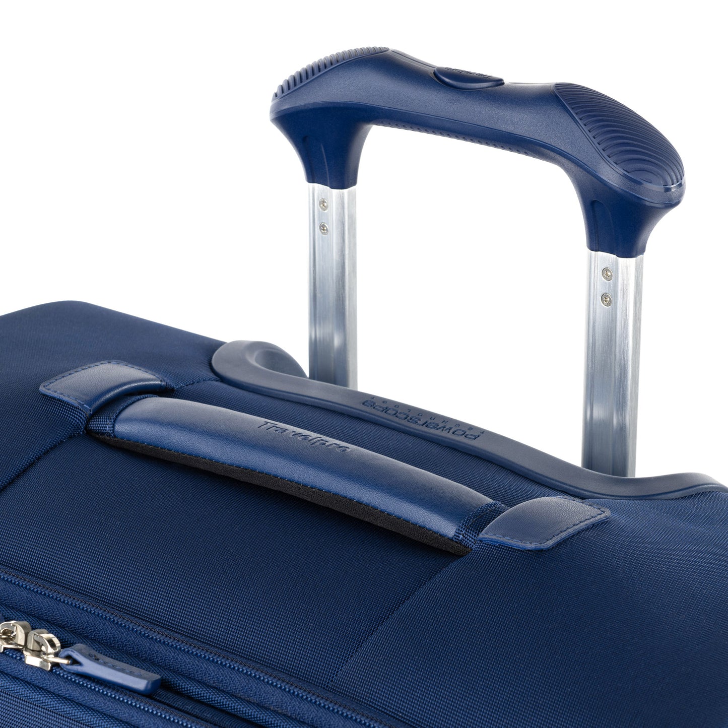 Close-up of the Travelpro VersaPack+ Medium Check-in Expandable Spinner with telescopic handle and TSA lock.