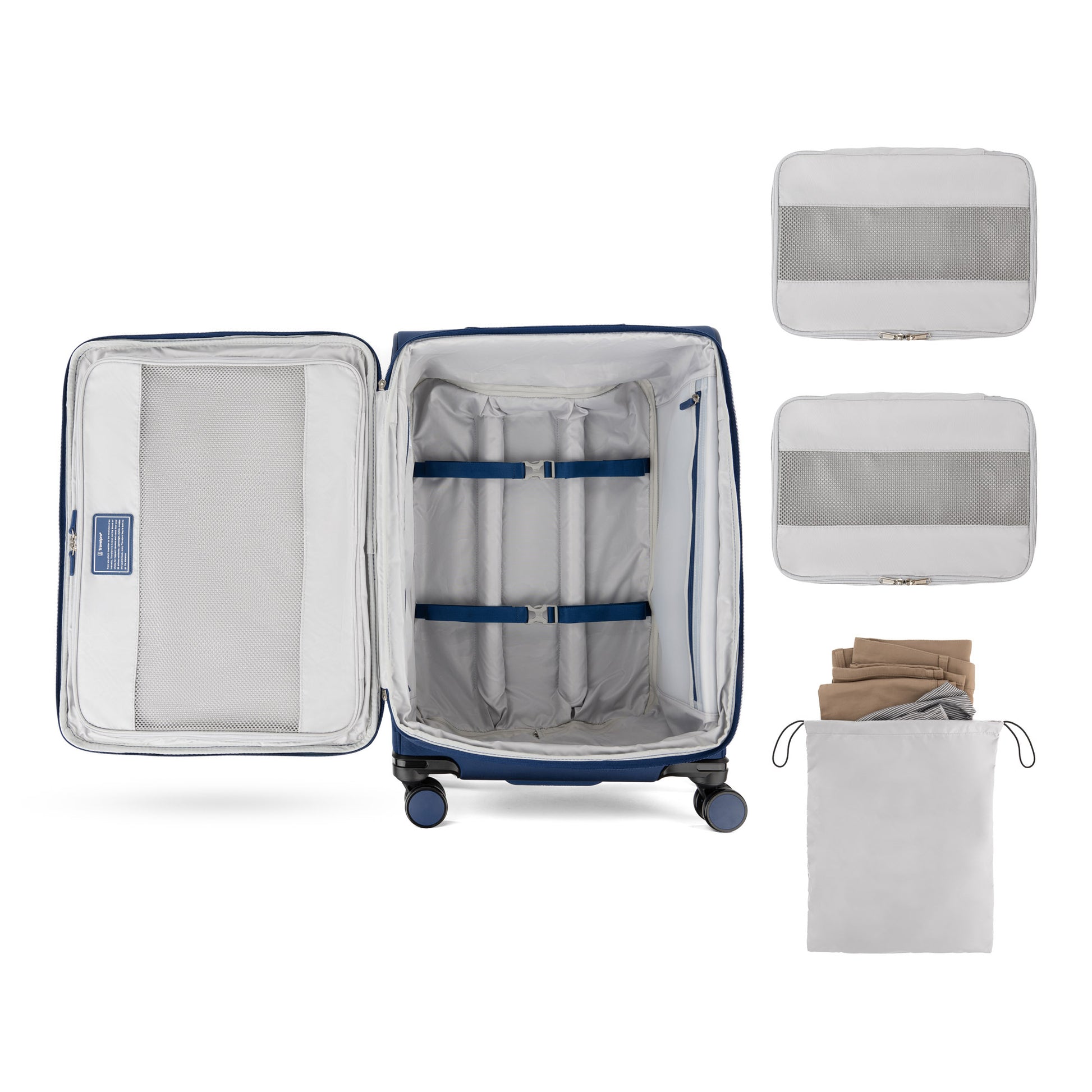 Travelpro® VersaPack®+ Medium Check-in Spinner features straps, mesh pocket, cubes & water-resistant lining.