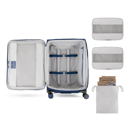 Travelpro® VersaPack®+ Medium Check-in Spinner features straps, mesh pocket, cubes & water-resistant lining.