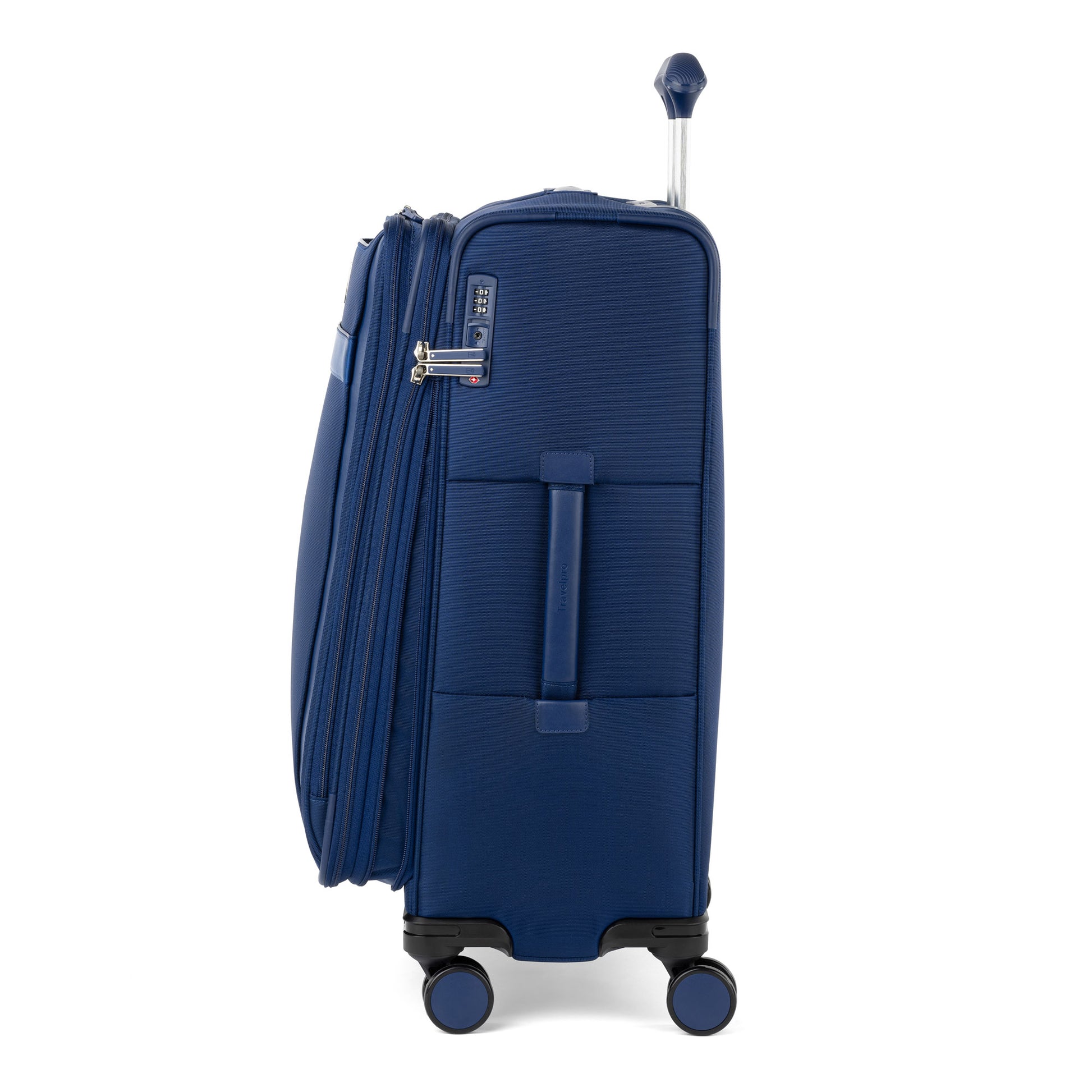 Side view of Travelpro® VersaPack®+ Medium Check-in Expandable Spinner, blue, with four wheels and extended handle.