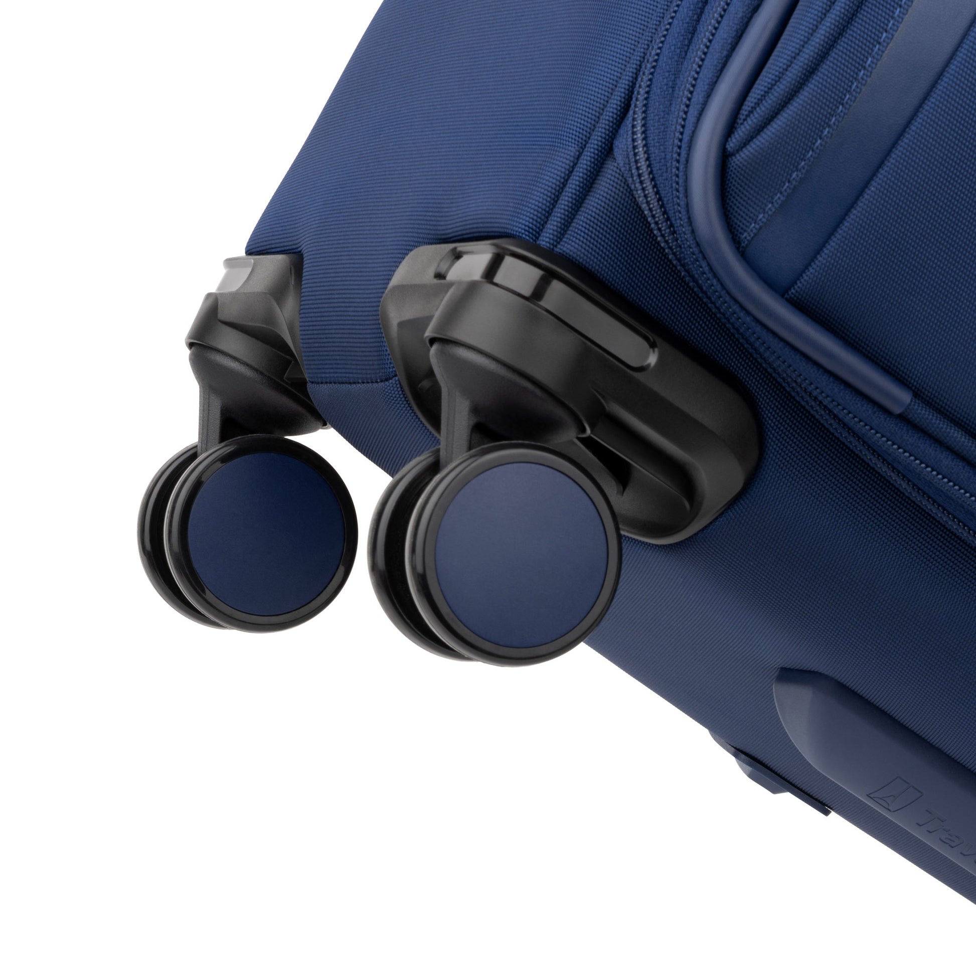 Close-up of two black and blue wheels on the Travelpro® VersaPack®+ Medium Check-in Expandable Spinner.