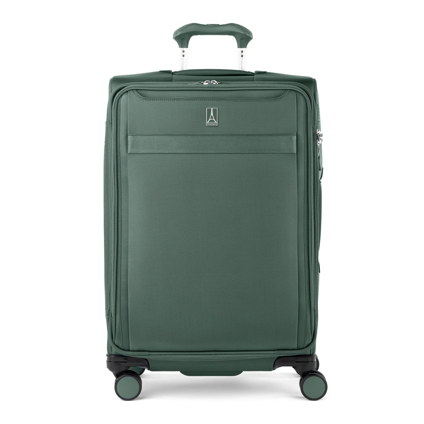 Travelpro VersaPack+ Medium green expandable spinner with water-resistant lining and wheels.