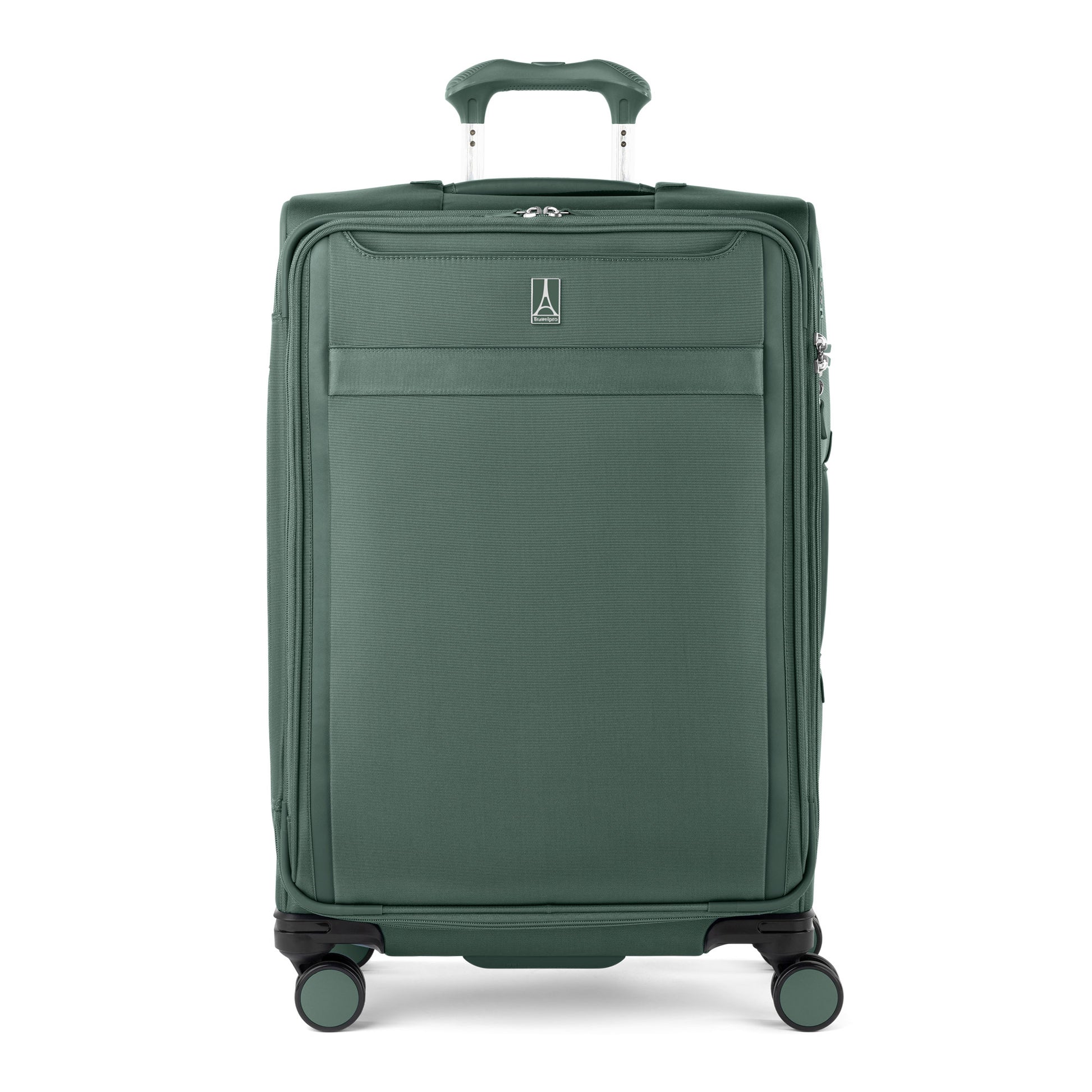 Travelpro VersaPack+ Medium green expandable spinner with water-resistant lining and wheels.