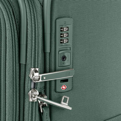 Close-up of the Travelpro VersaPack+ Medium Check-in Spinner with TSA lock and secured zippers.