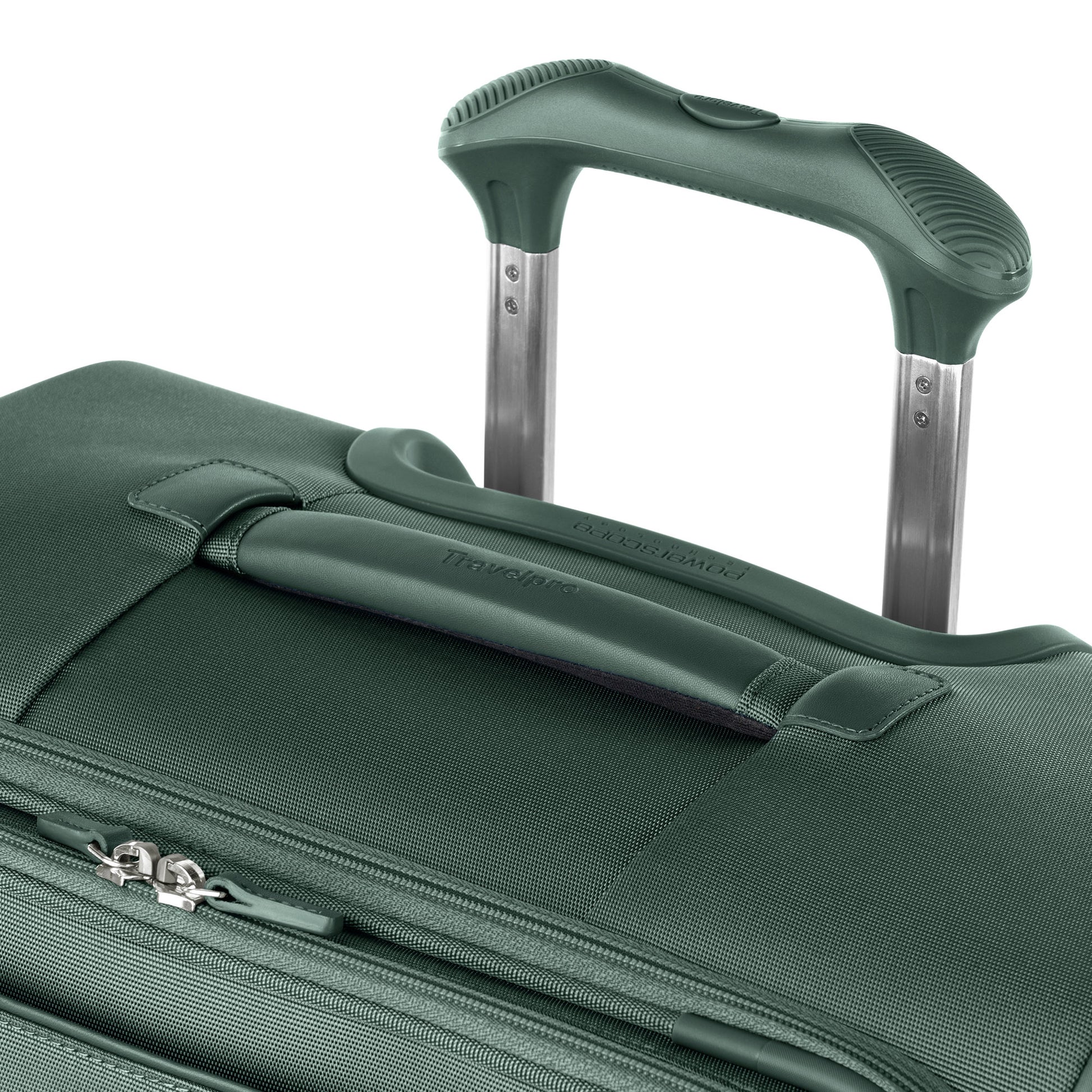 Close-up of Travelpro® VersaPack®+ green medium check-in expandable spinner with extended handle and water-resistant lining.