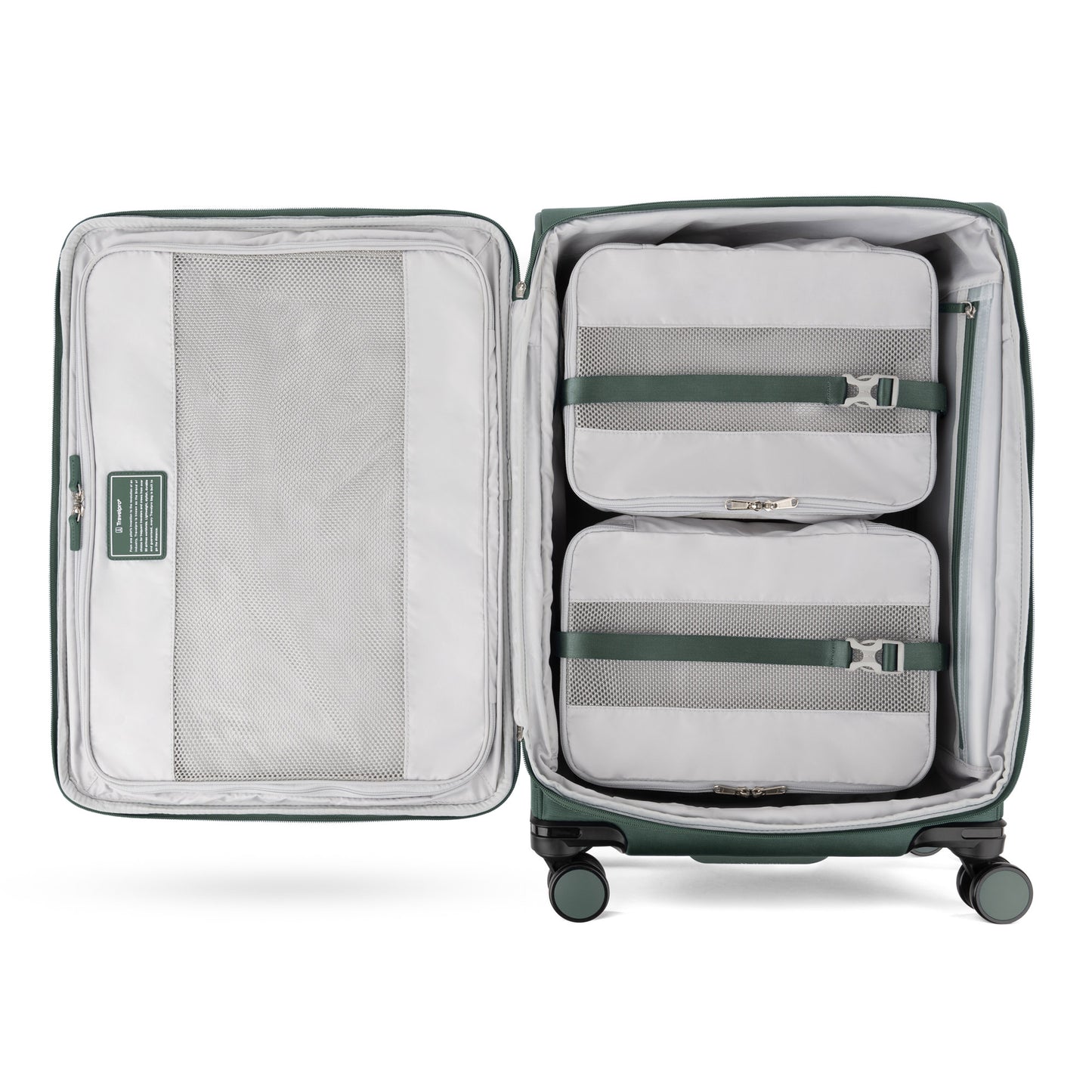 The Travelpro VersaPack+ Medium Spinner, open with 2 packing cubes, zippered mesh, and water-resistant lining.