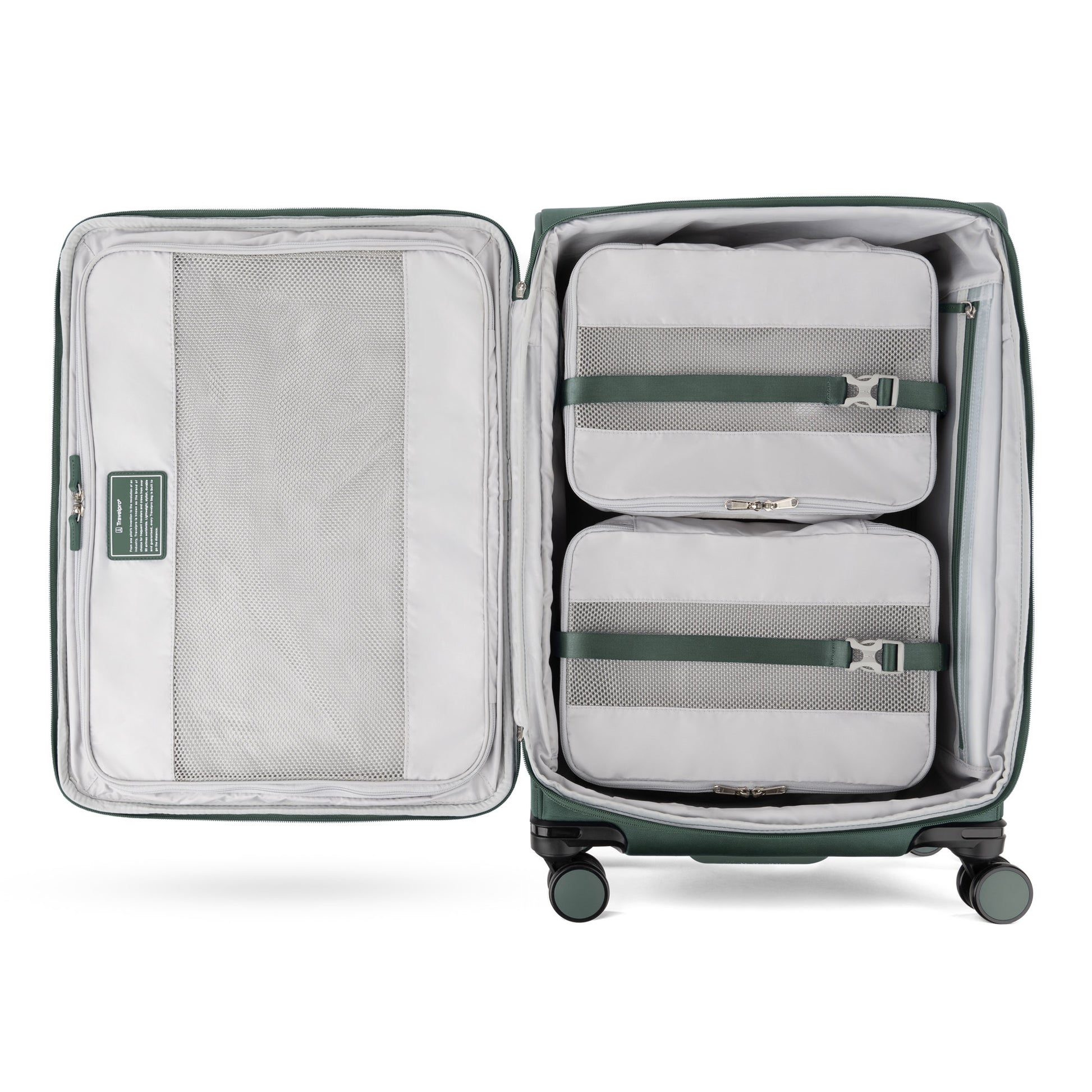 The Travelpro VersaPack+ Medium Spinner, open with 2 packing cubes, zippered mesh, and water-resistant lining.