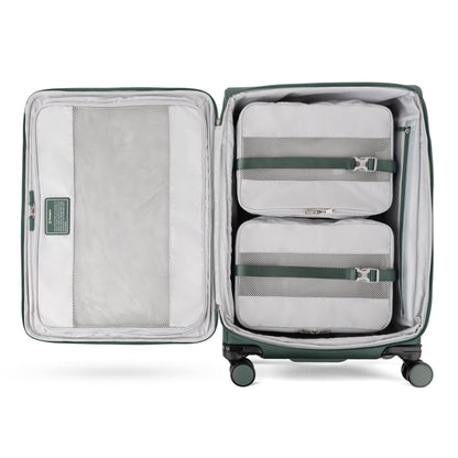 The Travelpro VersaPack+ Medium Spinner, open with 2 packing cubes, zippered mesh, and water-resistant lining.