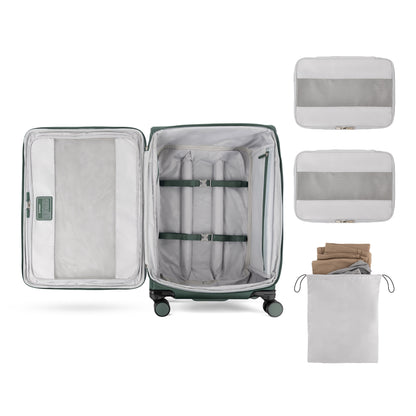 Travelpro VersaPack+ Medium Expandable Spinner with interior straps, packing cubes & TSA lock shown.