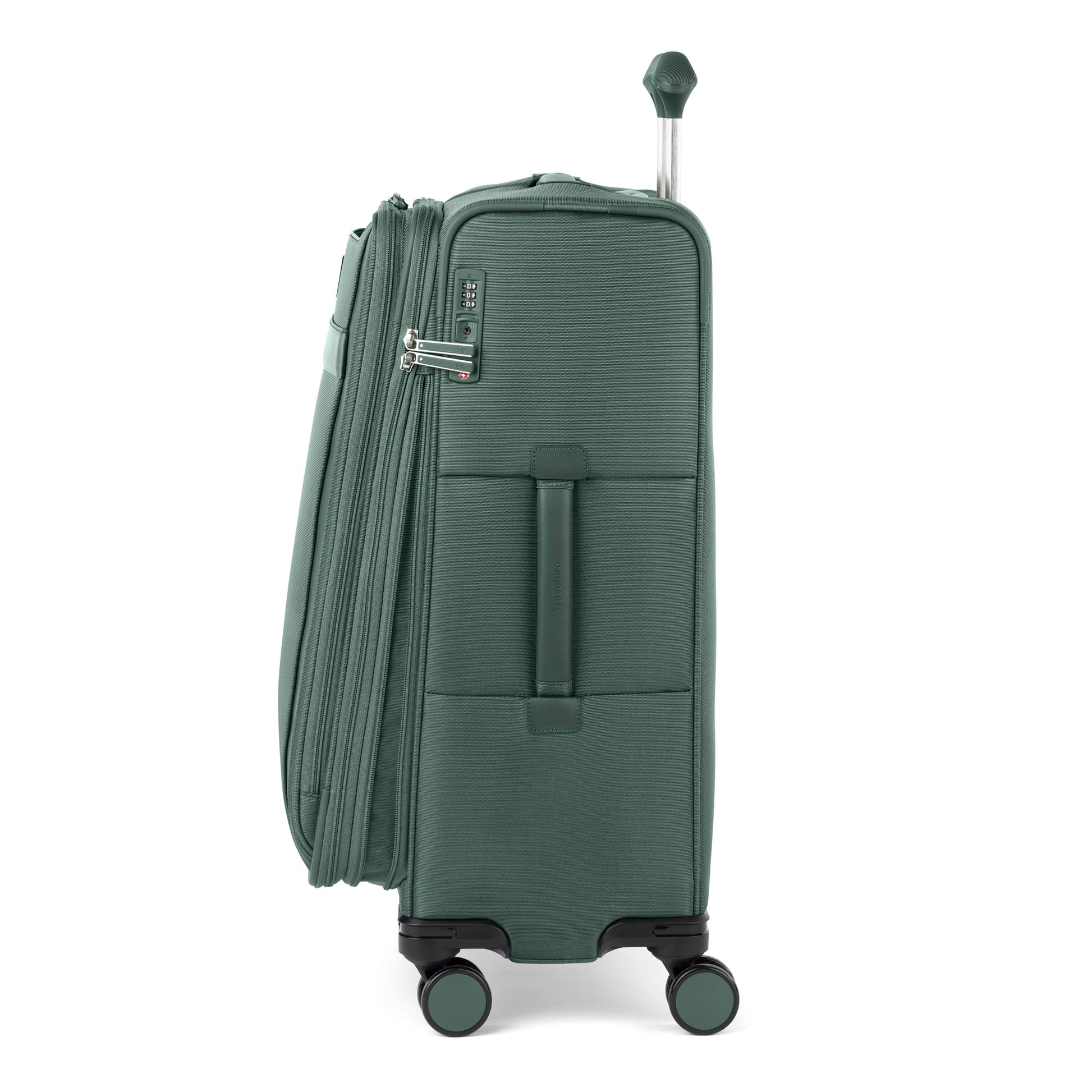 Travelpro VersaPack+ Medium Check-in Spinner features expansion, TSA lock, and water-resistant lining.