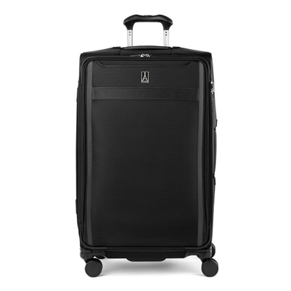 The Travelpro VersaPack+ Large Spinner in black has 4 wheels, telescopic handle, and TSA-compliant lock.
