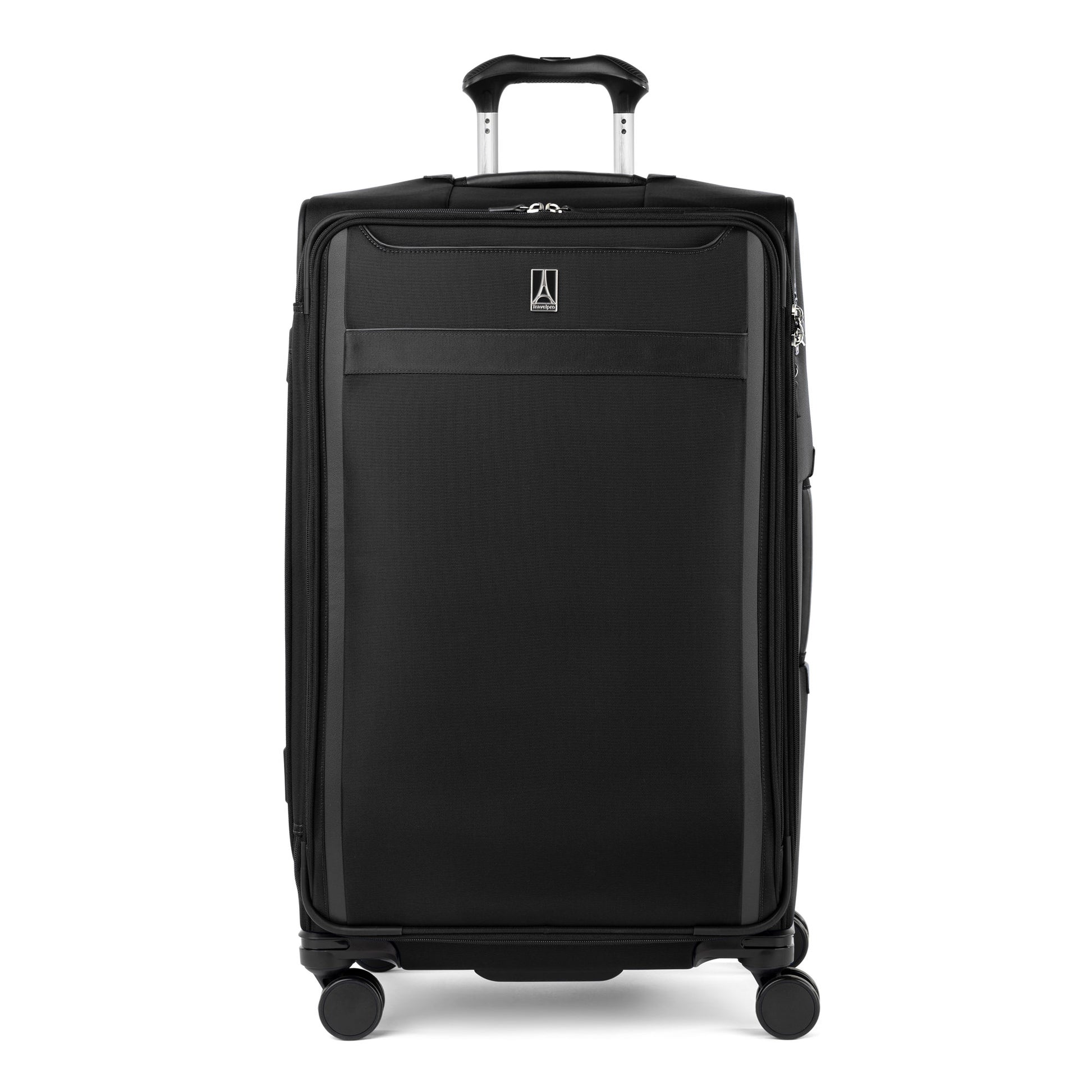 The Travelpro VersaPack+ Large Spinner in black has 4 wheels, telescopic handle, and TSA-compliant lock.