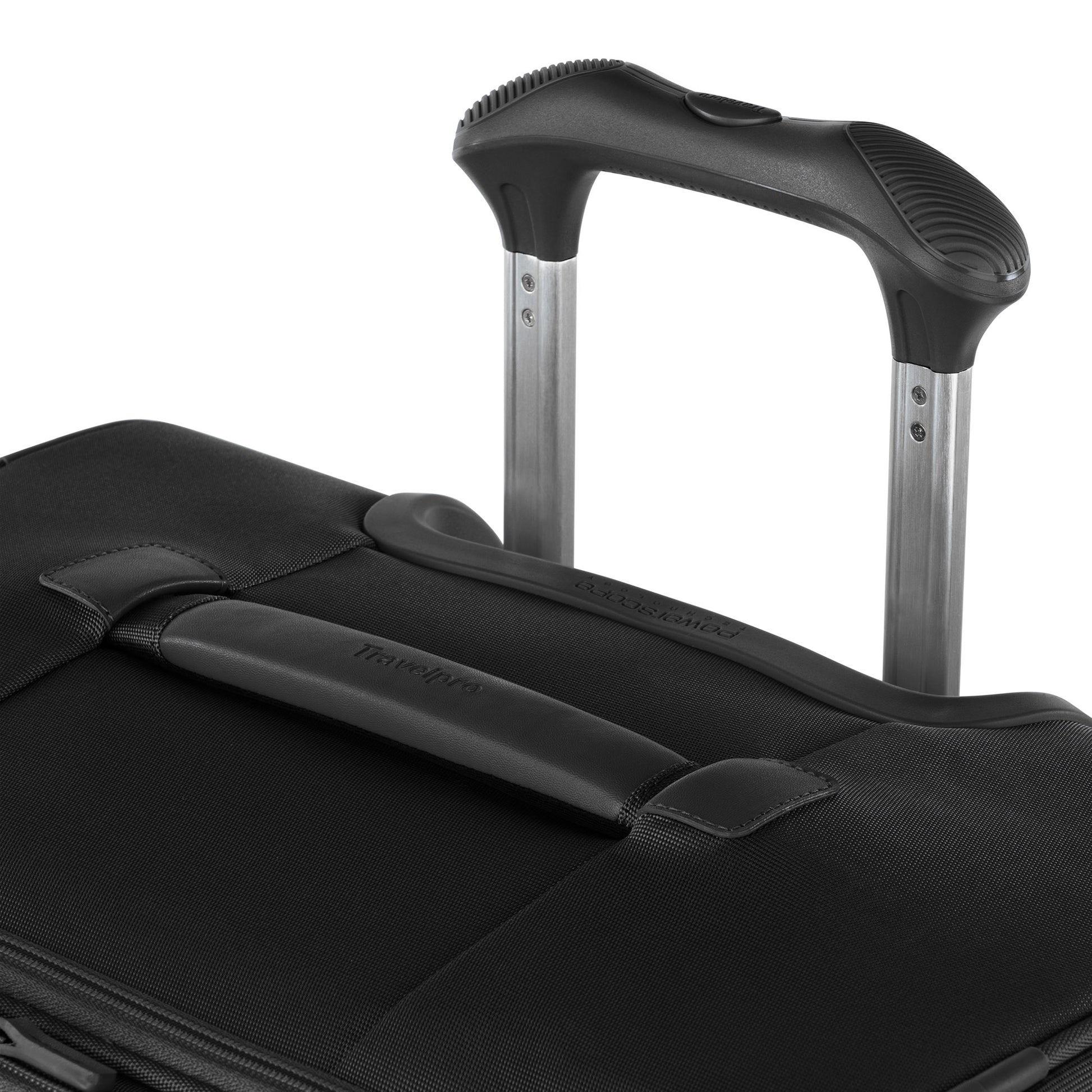 Close-up of Travelpro® VersaPack®+ Large Spinner with telescopic & top horizontal carrying handles.