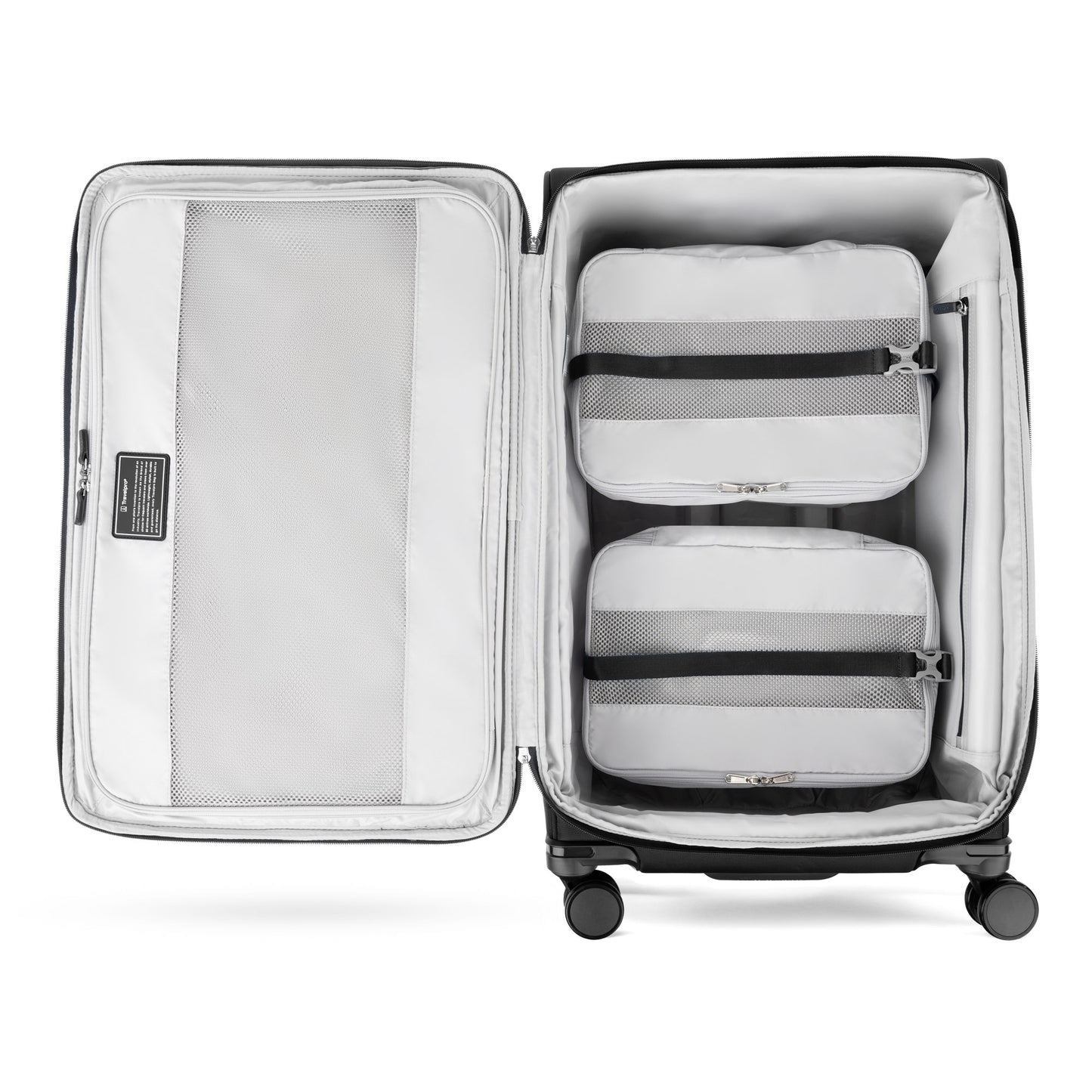 The Travelpro® VersaPack®+ has 2 packing cubes, a mesh zip pocket, and a TSA lock for secure check-in travel.