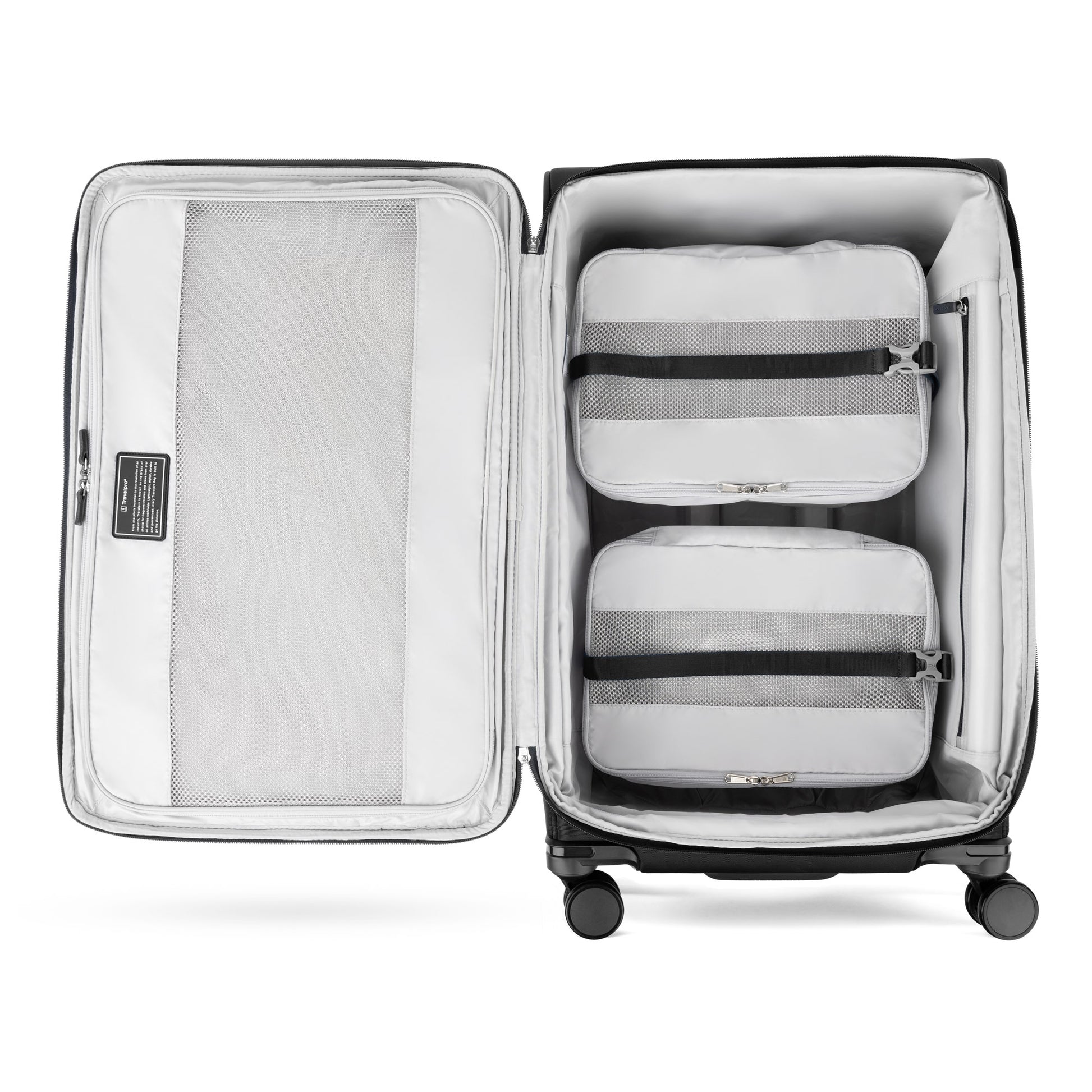 The Travelpro® VersaPack®+ has 2 packing cubes, a mesh zip pocket, and a TSA lock for secure check-in travel.