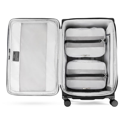 The Travelpro® VersaPack®+ has 2 packing cubes, a mesh zip pocket, and a TSA lock for secure check-in travel.