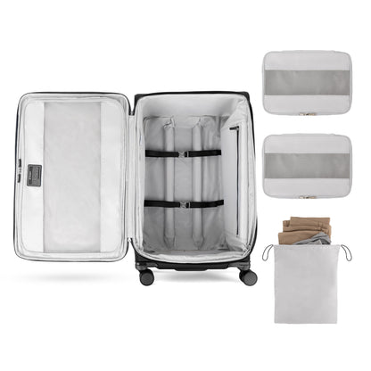 Travelpro VersaPack+ Large Check-in Expandable Spinner with mesh cubes and TSA lock placed beside it.