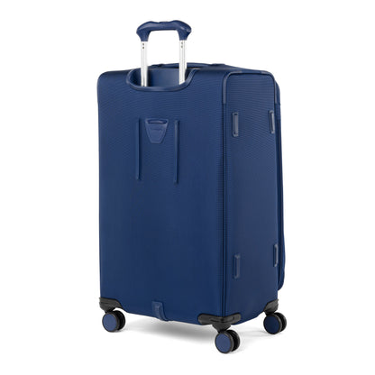 The Travelpro® VersaPack®+ Large blue check-in spinner has 4 wheels, a TSA lock, and telescopic handle.