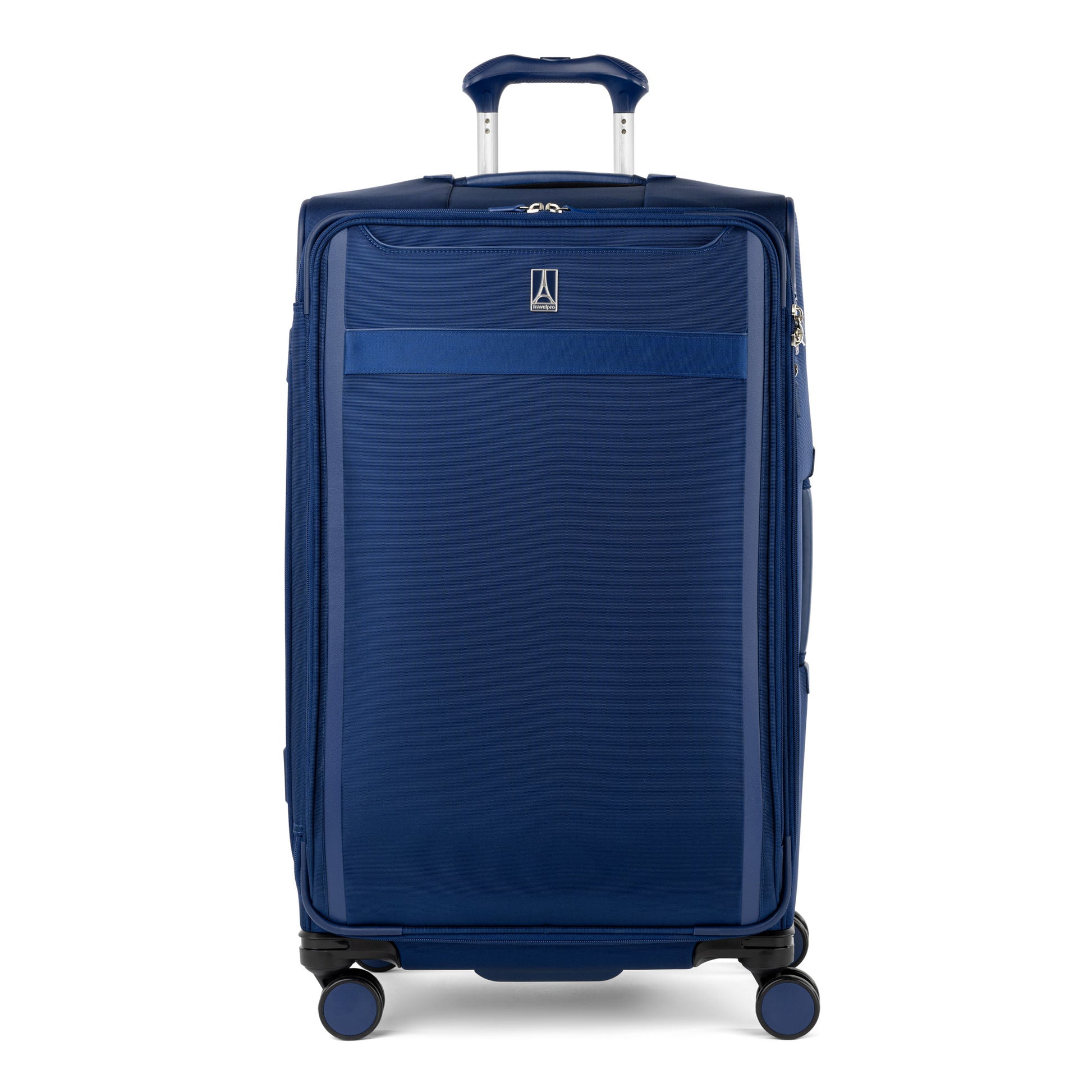 The Travelpro VersaPack+ Large Expandable Spinner has 4 wheels, a telescoping handle, TSA lock, and comes in blue.