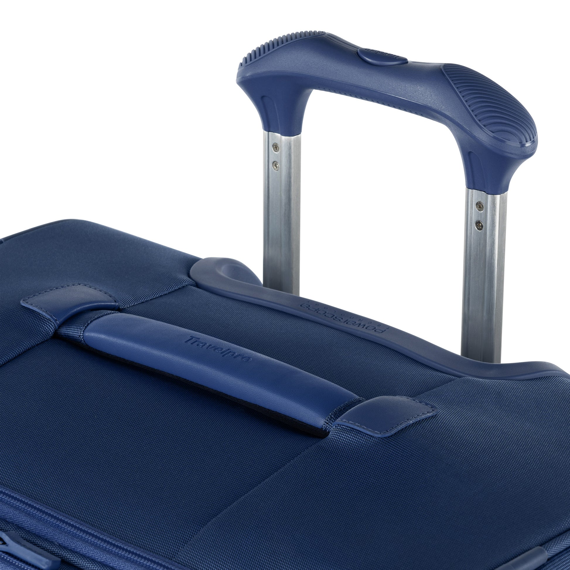 Close-up of Travelpro VersaPack+ Large Check-in Spinner in navy with telescoping and fabric side handles.
