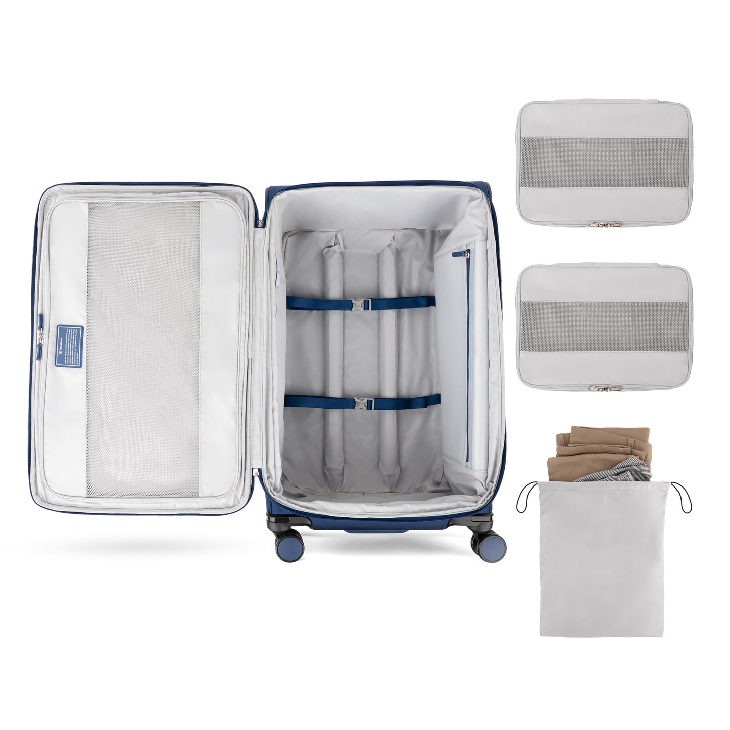 Travelpro VersaPack+ Large Check-in Spinner in blue with packing straps, cubes, laundry bag & TSA lock shown.