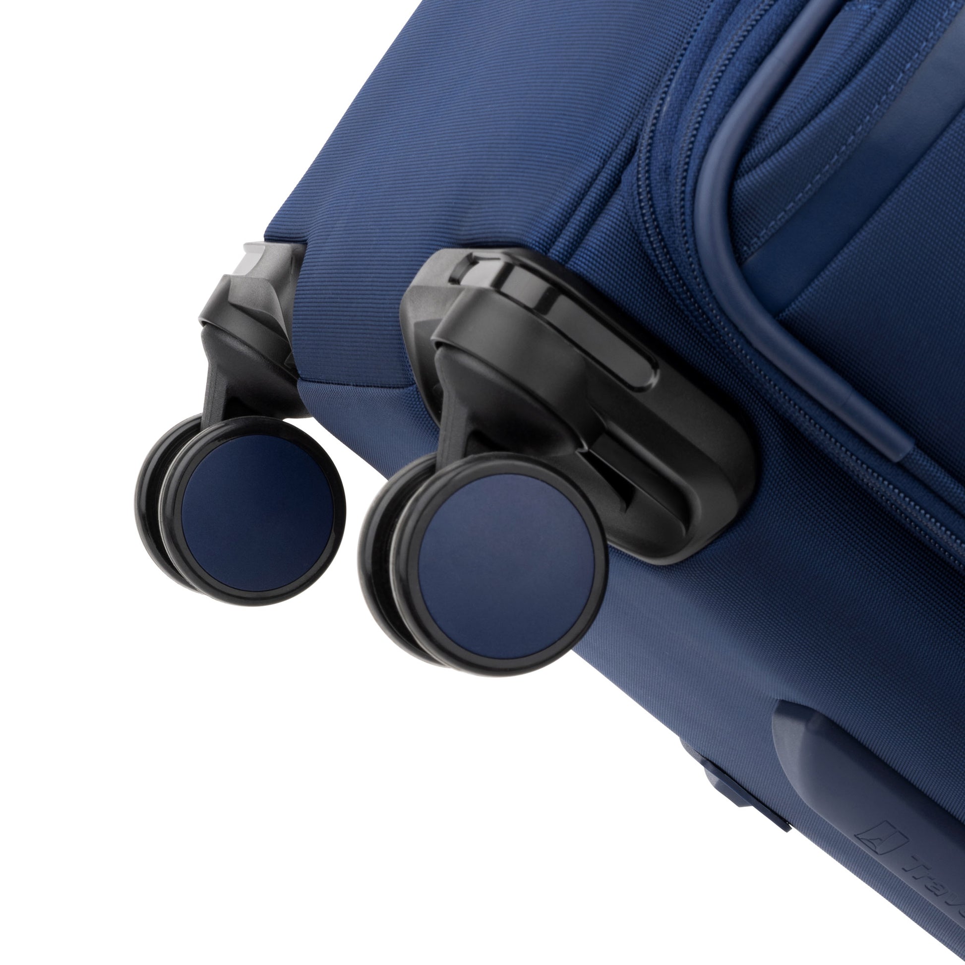 Close-up of double black wheels on the Travelpro VersaPack+ Large Check-in Expandable Spinner suitcase.