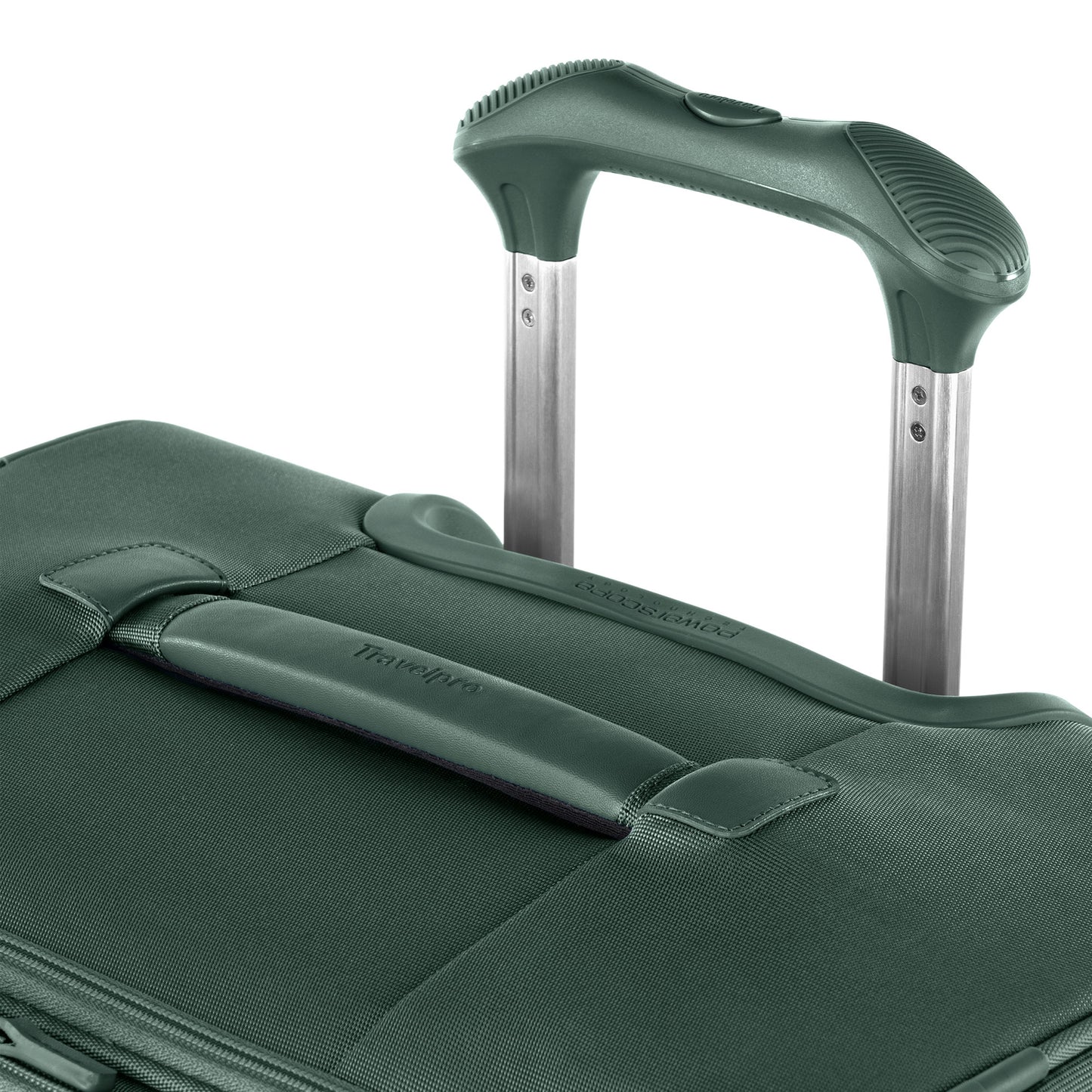 Close-up of the Travelpro® VersaPack®+ Large Spinner, featuring an extended telescopic and fabric carry handle.