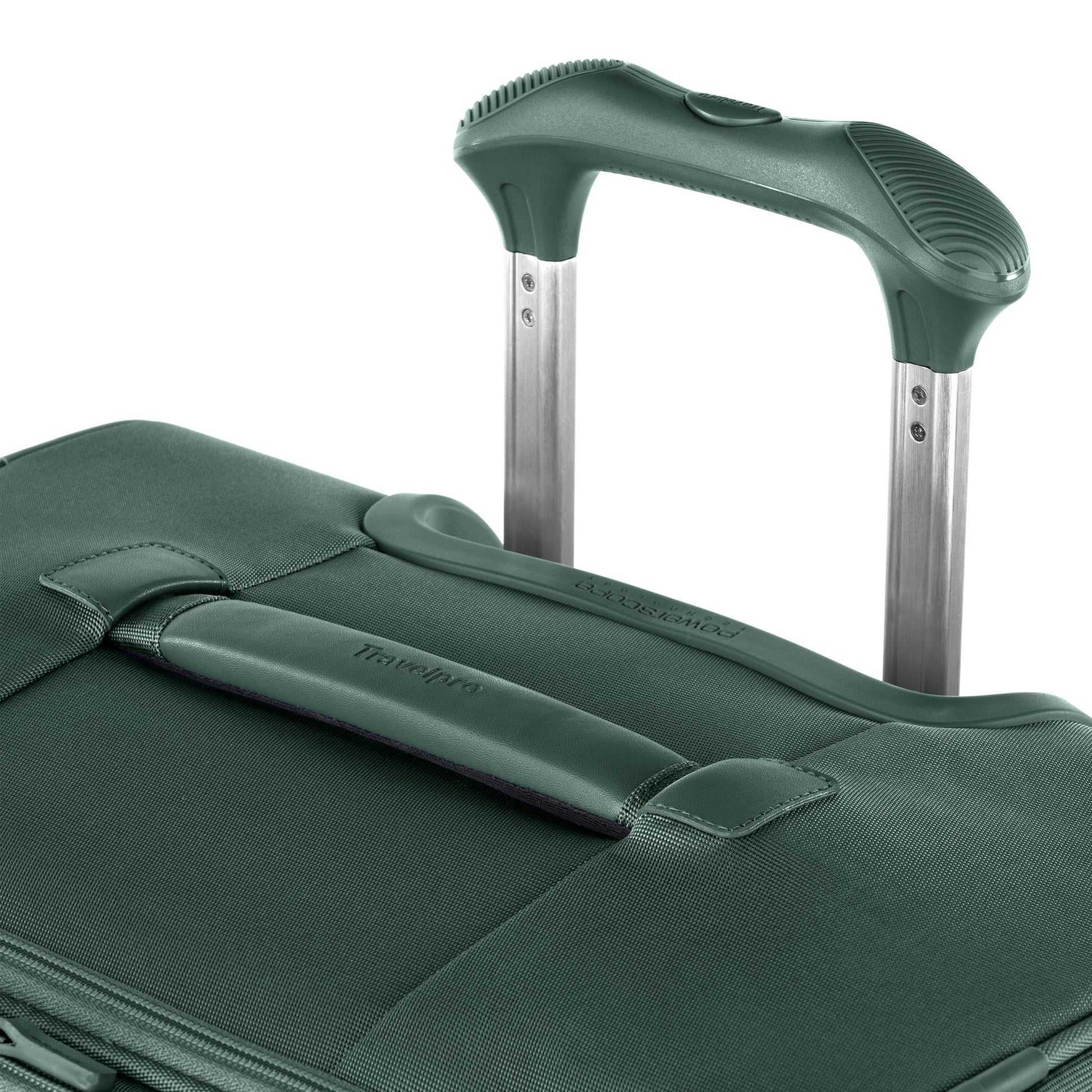 Close-up of the Travelpro® VersaPack®+ Large Spinner, featuring an extended telescopic and fabric carry handle.