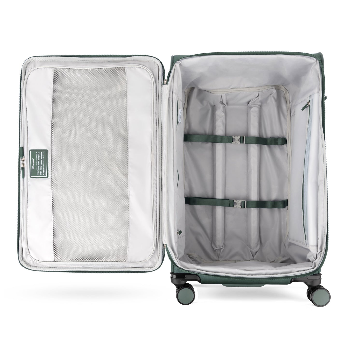 The Travelpro® VersaPack®+ Large Check-in Spinner opens to a lined interior with straps and zippered mesh.