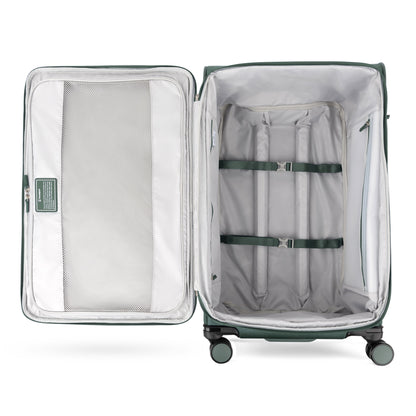 The Travelpro® VersaPack®+ Large Check-in Spinner opens to a lined interior with straps and zippered mesh.