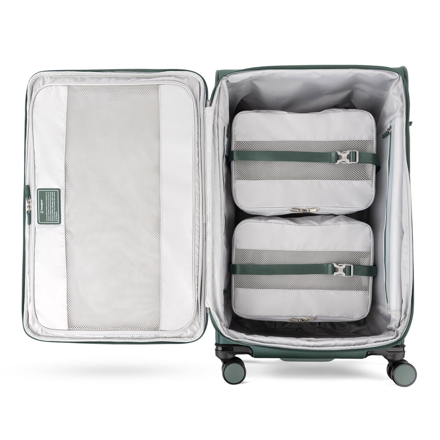 Travelpro VersaPack+ Large Check-in Spinner: open suitcase with packing cubes, mesh pocket & zip section visible.