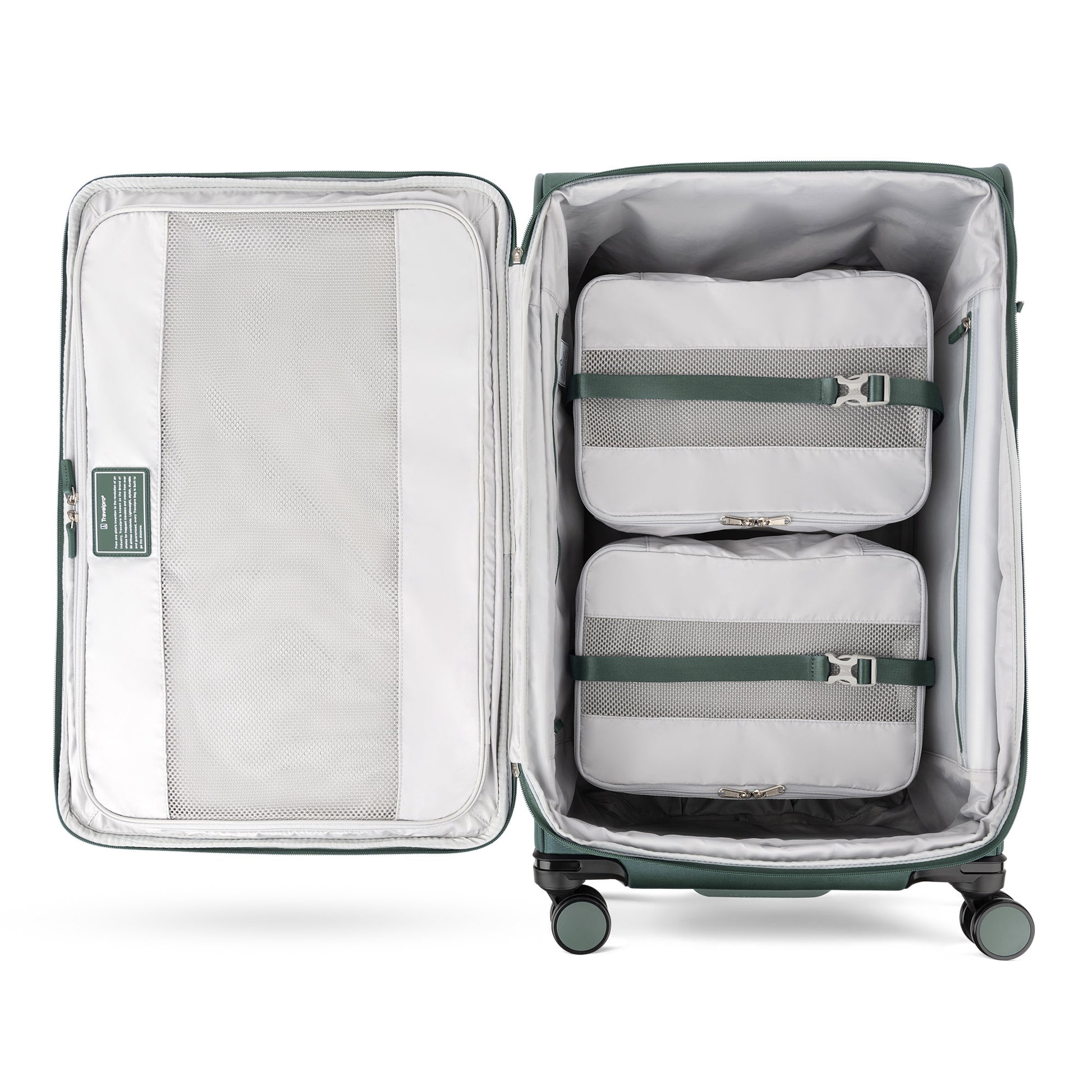 Travelpro VersaPack+ Large Check-in Spinner: open suitcase with packing cubes, mesh pocket & zip section visible.