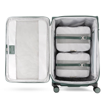 Travelpro VersaPack+ Large Check-in Spinner: open suitcase with packing cubes, mesh pocket & zip section visible.