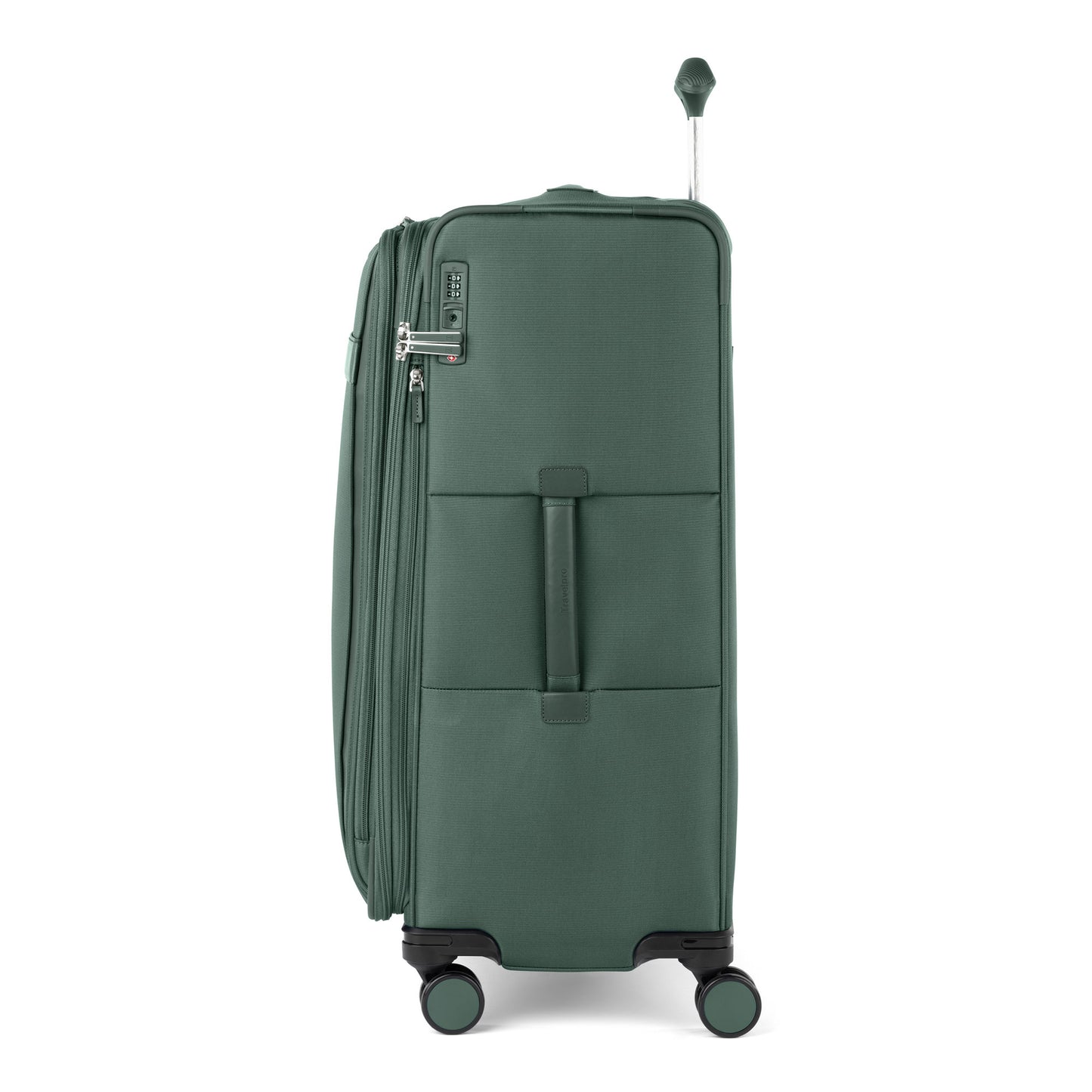 Travelpro VersaPack+ Large Check-in Expandable Spinner features an extended handle, visible zippers, and TSA lock.
