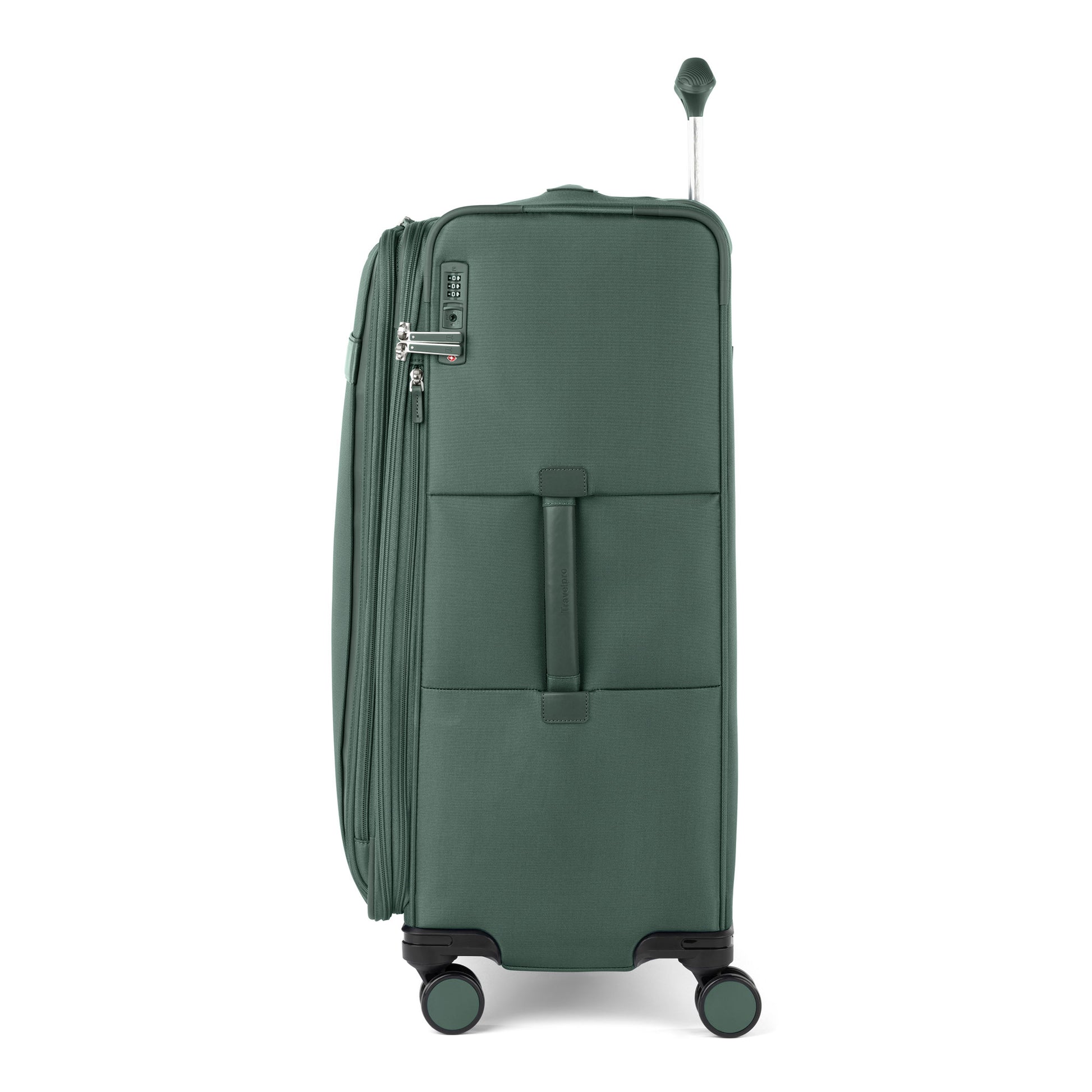 Travelpro VersaPack+ Large Check-in Expandable Spinner features an extended handle, visible zippers, and TSA lock.
