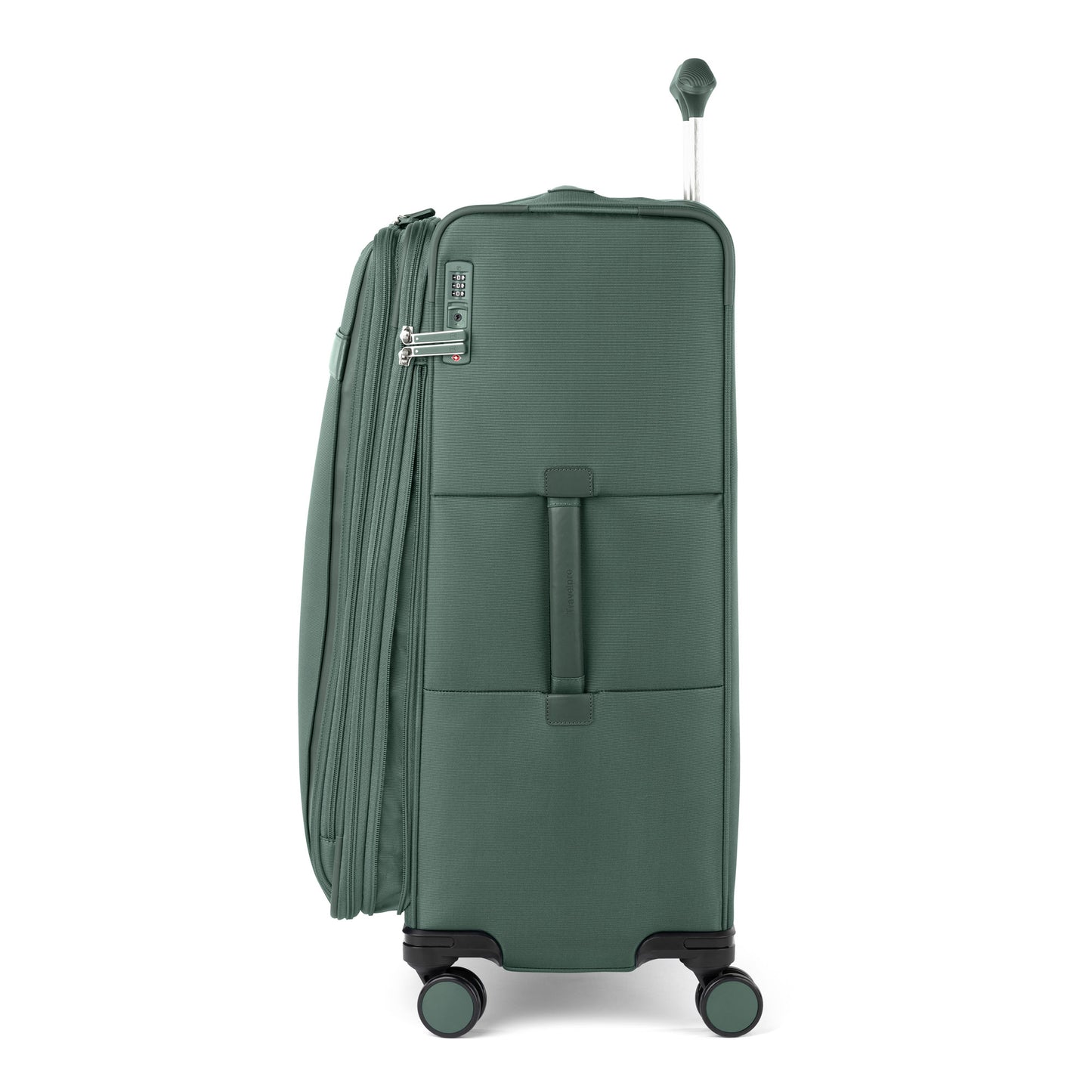 Travelpro® VersaPack®+ Large green soft-shell spinner, 4 wheels & extended handle, side view.