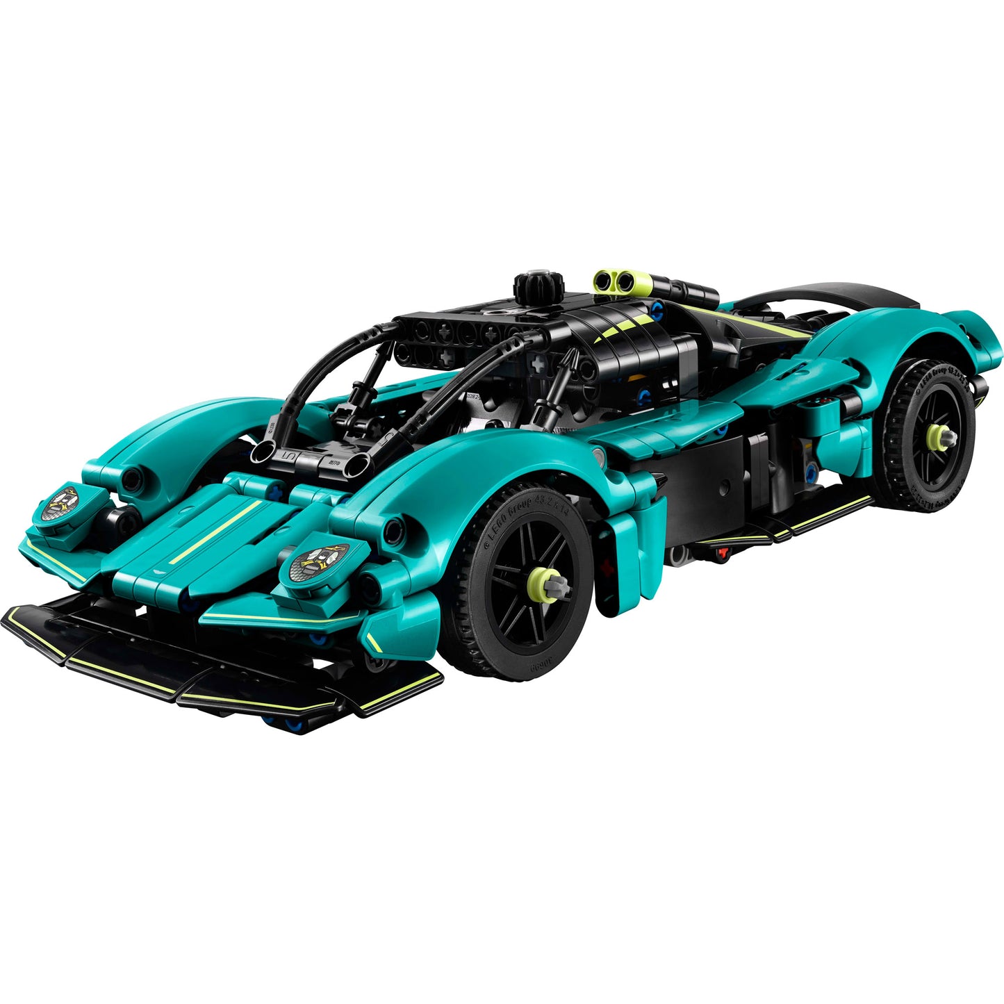 A teal and black LEGO® Aston Martin Valkyrie car model kit with detailed features and exposed engine parts.