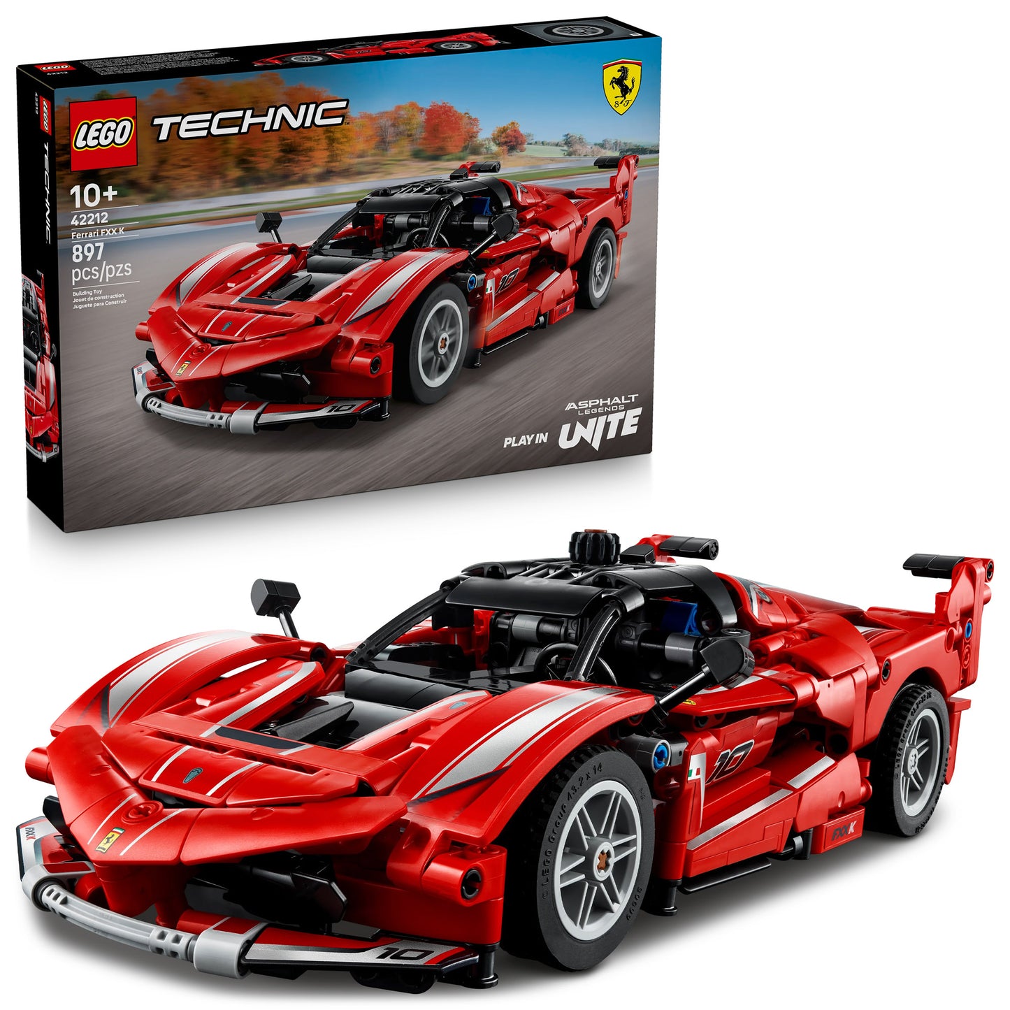 LEGO® Ferrari FXX K, perfect for LEGO vehicle fans ages 10+, packaging shown in background.