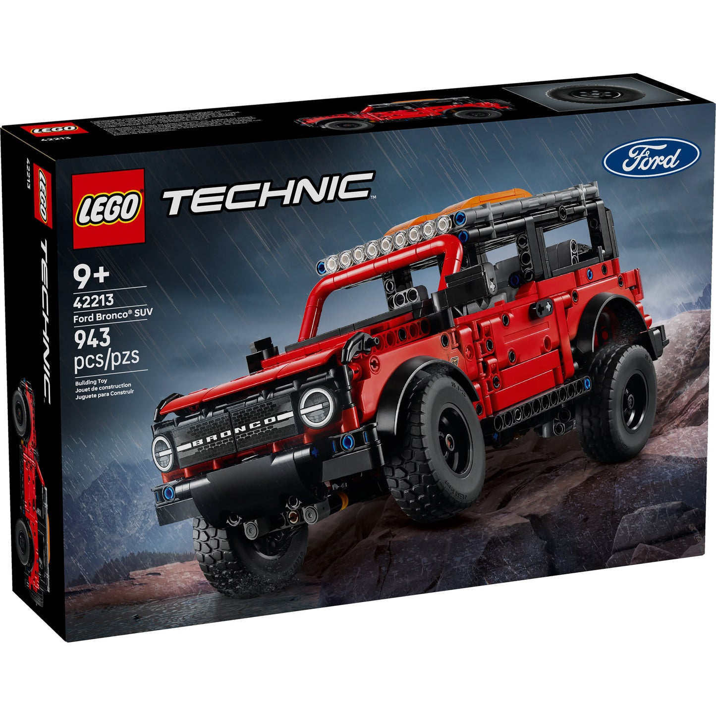 LEGO® Ford Bronco® SUV, 943-piece STEM set for ages 9+, box view with car shown on a rocky, rainy backdrop.