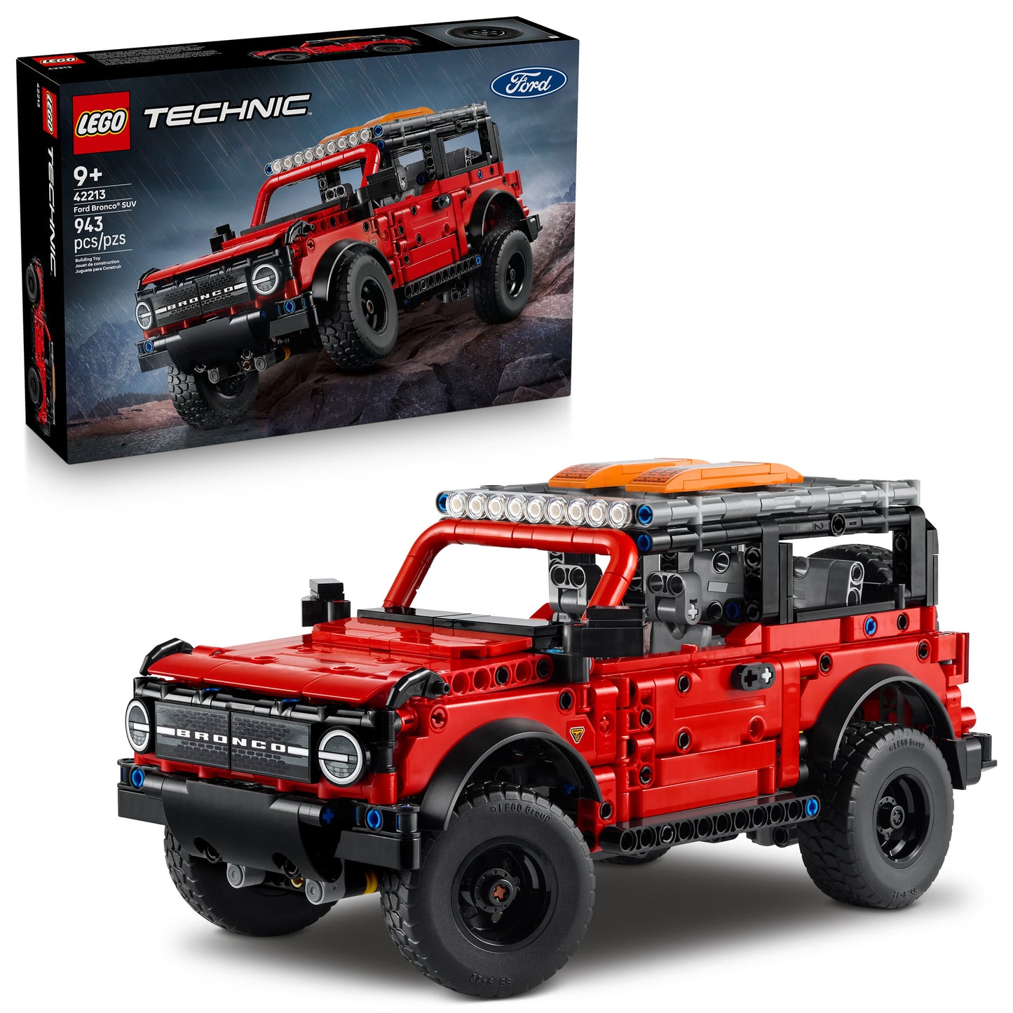 LEGO® Ford Bronco® SUV - ONLINE ONLY with red off-road car and matching vehicle on box.
