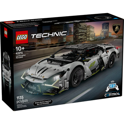 LEGO® Lamborghini Revuelto Super Sports Car, 1135 pieces, for ages 10+, shown before a city skyline.