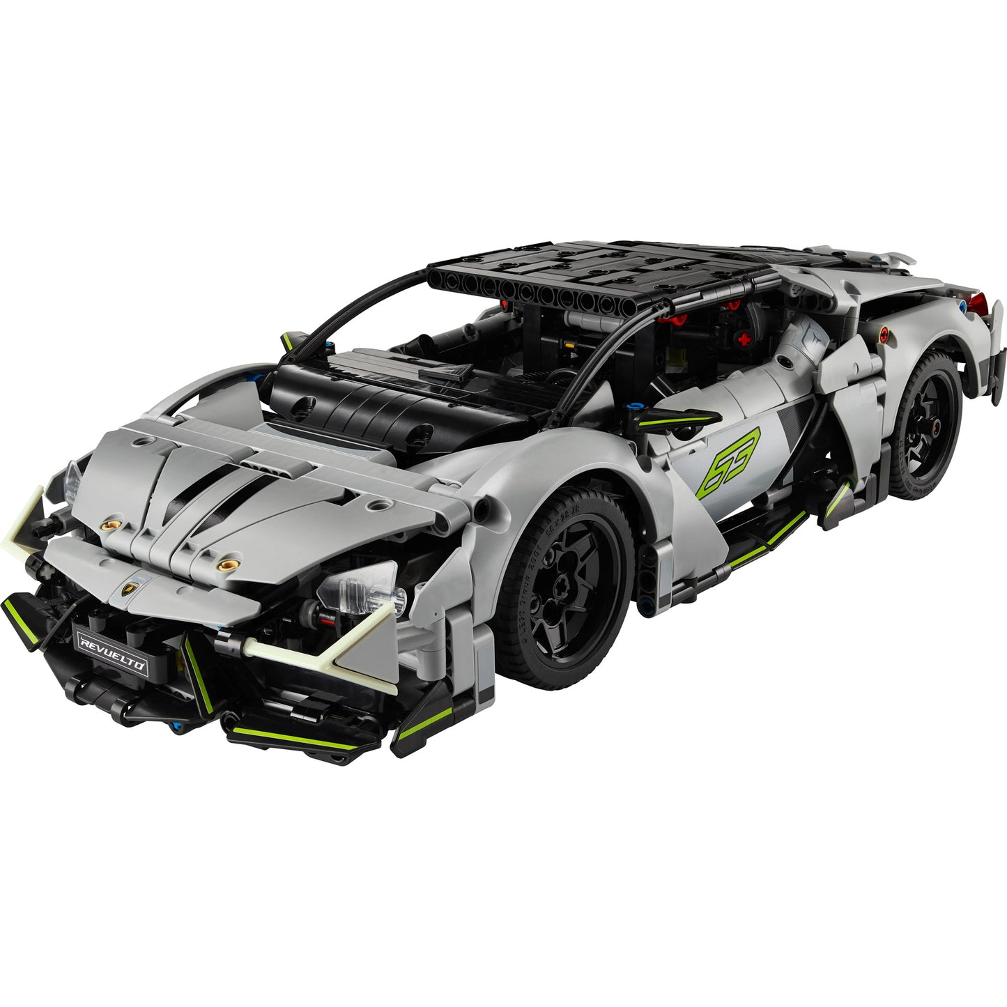 LEGO® Lamborghini Revuelto Super Sports Car in silver with black wheels, green accents; front left view.